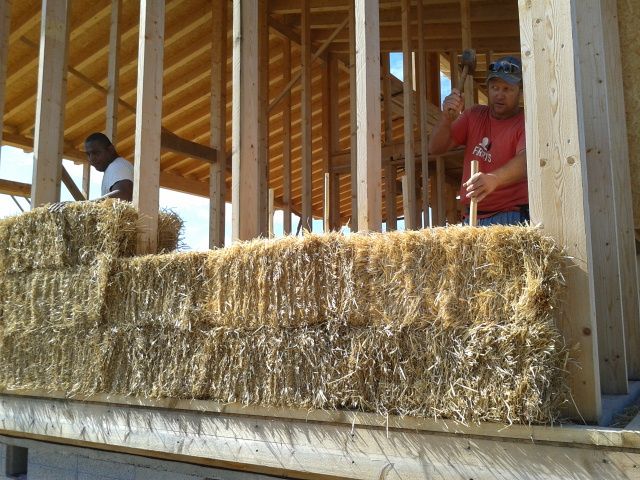 Riding the straw bales to build the house
